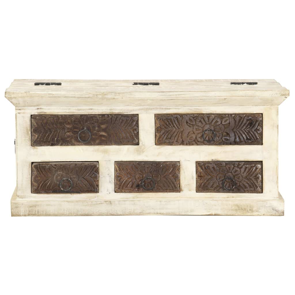 vidaXL Rustic Farmhouse Solid Mango Wood Coffee Table - Square Shape, Carved Storage Drawers, Polished & Lacquered, Durable, Sturdy Construction - White