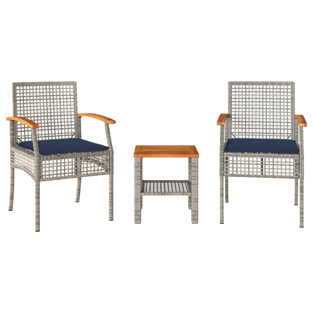 vidaXL Patio Bistro Set - 3piece Outdoor Furniture - Gray Poly Rattan & Acacia Wood Chairs with Cushions - Ideal for Garden, Backyard, Balcony