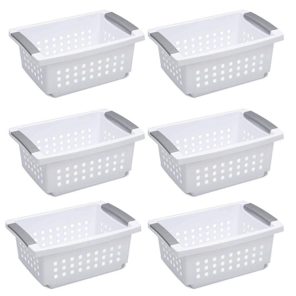 Sterilite 16628006 Medium Stacking Basket, White Basket w/ Titanium Accents, 6-Pack