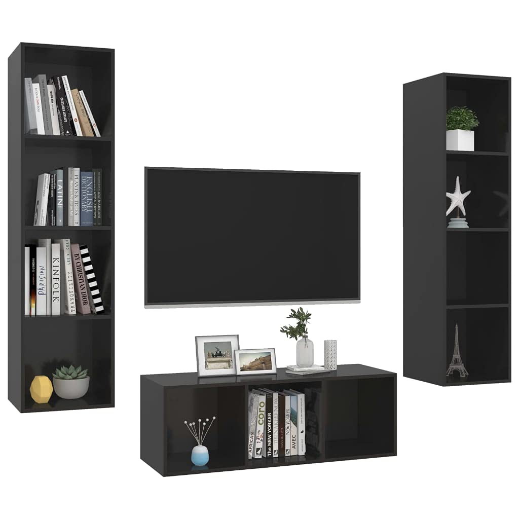 vidaXL High Gloss Black Engineered Wood 3 Piece TV Stand Set - Wall-Mounted, Easy-to-Clean, Spacious Storage Capabilities, Modern Home Decor