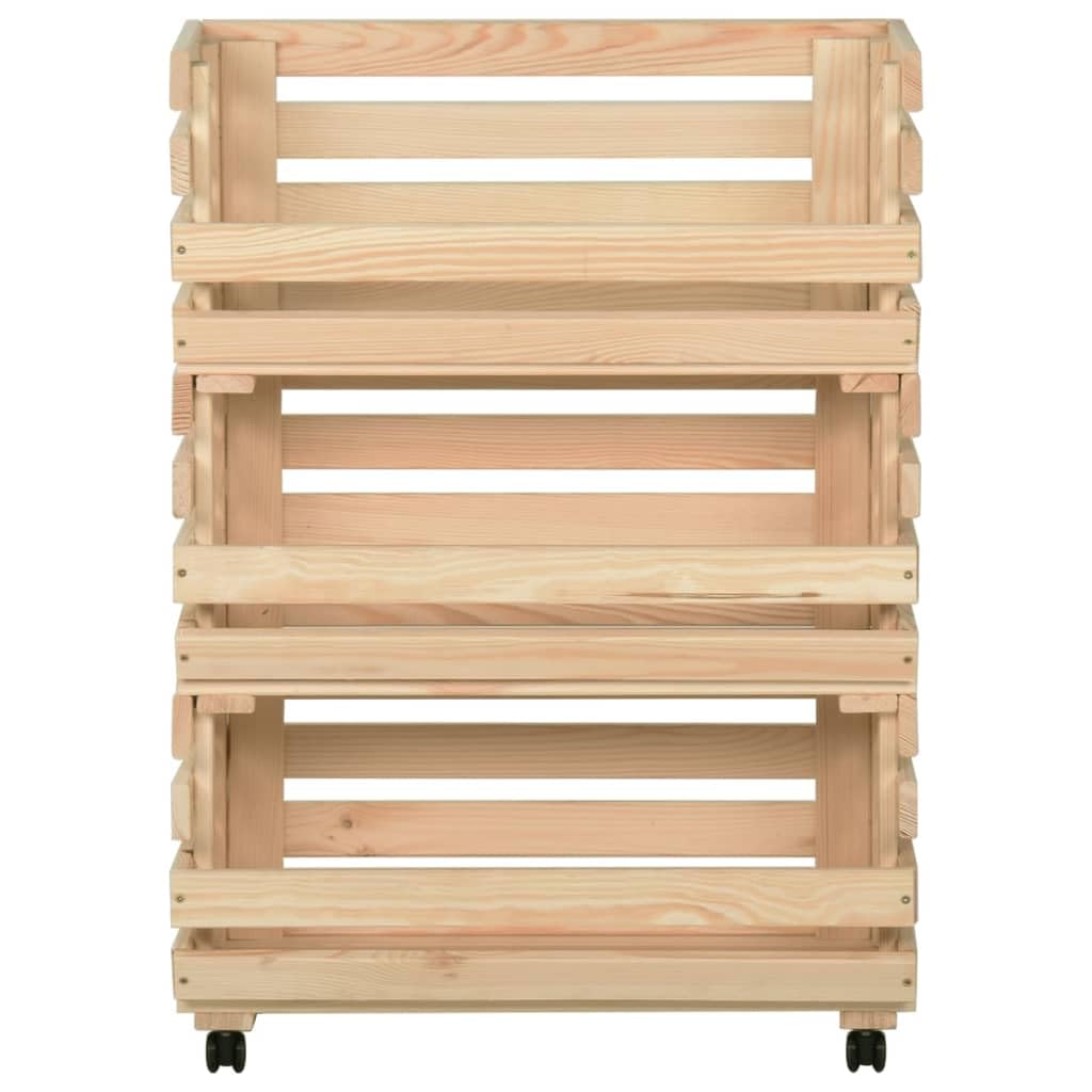 vidaXL Rustic Solid Pinewood Vegetable Trolley - 3 Compartments, Mobile Kitchen Cart with Rolling Casters, Brown, 22.4"x11.8"x31.5"