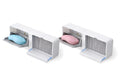 WallMounted Soap Dish with Double Grid Draining Rack, Lid, Water Catch Tray and Hook, Plastic, White and Grey