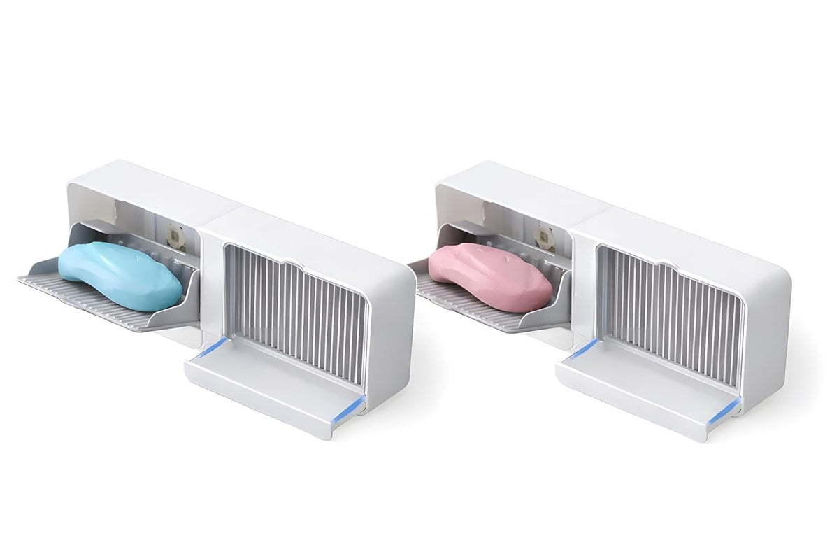 WallMounted Soap Dish with Double Grid Draining Rack, Lid, Water Catch Tray and Hook, Plastic, White and Grey
