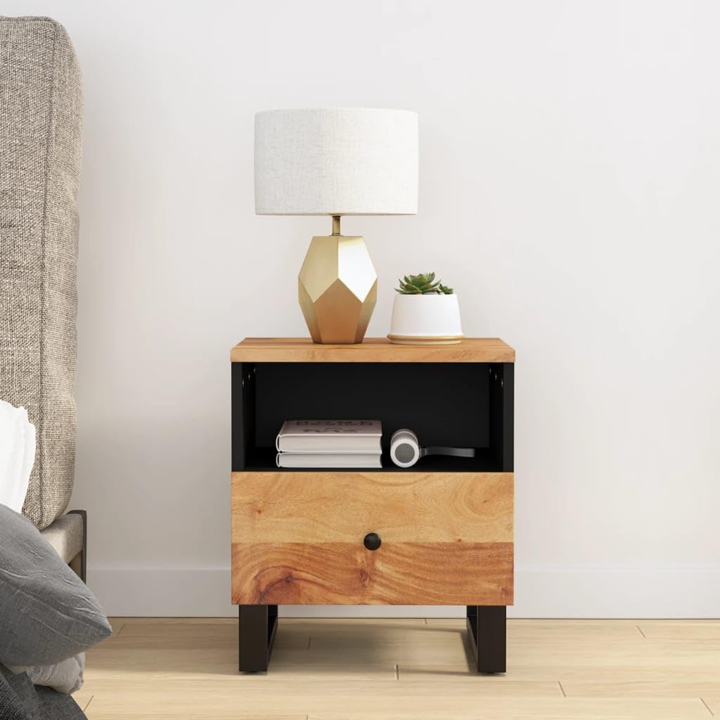 vidaXL Bedside Cabinet with Metal Legs, Solid Acacia Wood, Single Compartment & Drawer, Brown, Industrial Style Design