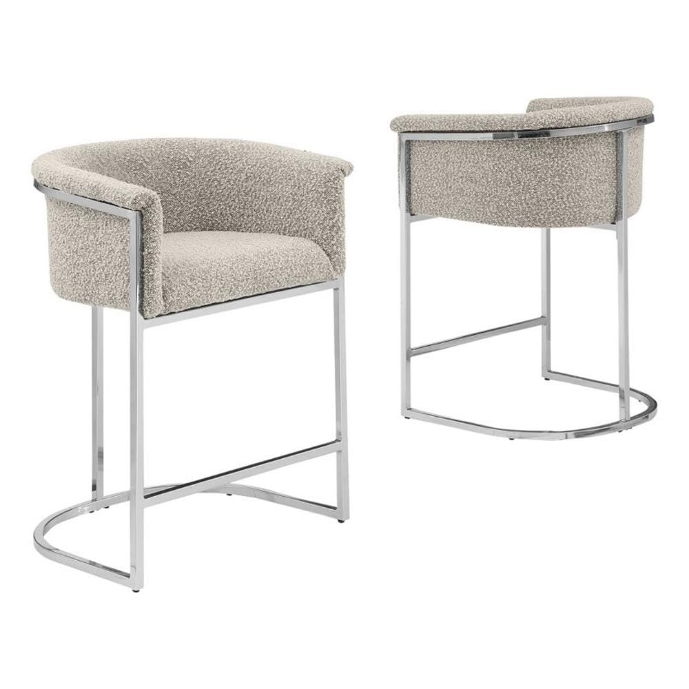 Best Quality Furniture Set Of 2 Modern Boucle Fabric Accent Counter Height Stools - Barrel Design, Chrome Legs, Gray, Silver Leg Finish