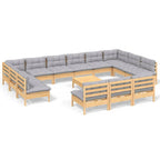 vidaXL Solid Pinewood Patio Lounge Set - 14 Piece Garden Sofa with Gray Cushions, Modular Garden Set for Outdoor Patio/Deck - Sturdy, Weather-Resistant Pinewood Furniture