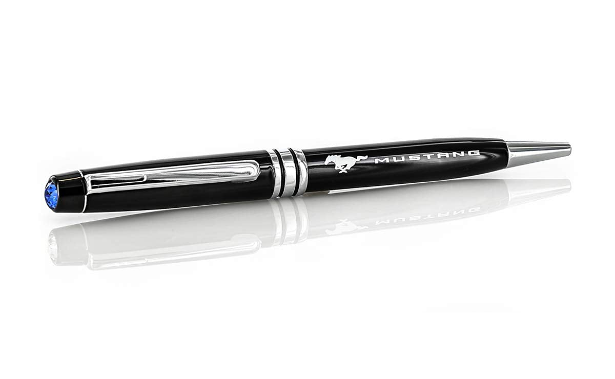Ford Luxurious Jet Black Sheen Mustang Ballpoint Pen Enriched With A Swarovski Sapphire Blue 6Mm Crystal. Silver-Trimmed Metal P