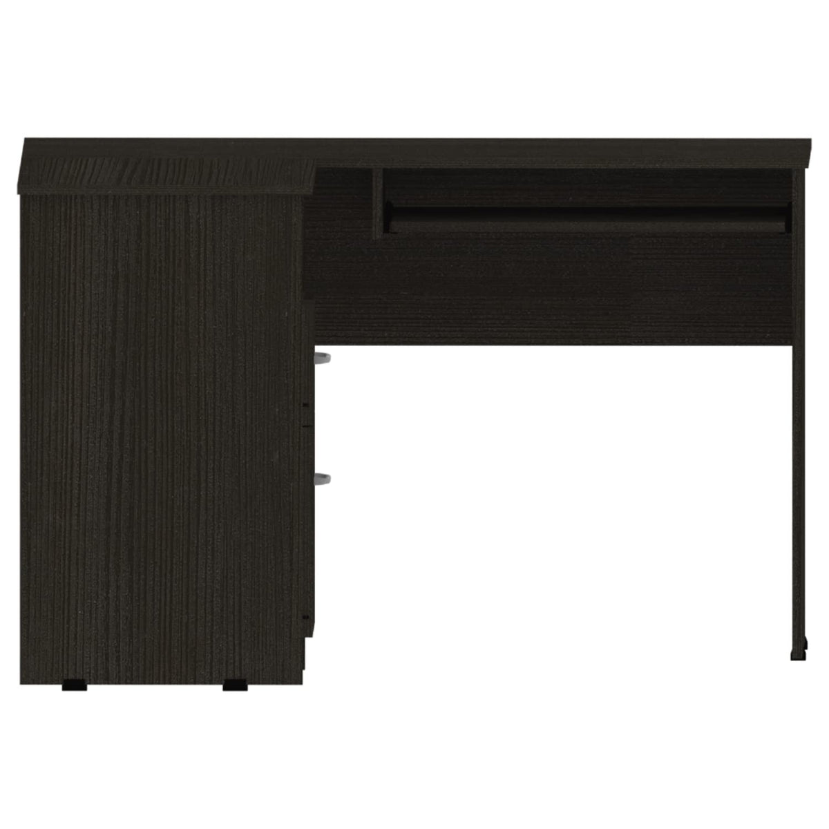 Idra L-Shaped Desk with Keyboard Tray, 2 Drawers, and Open Shelf, Black Wenge