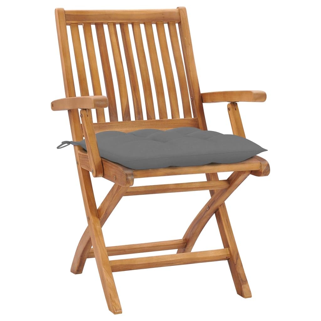 vidaXL Solid Teak Wood Patio Chairs- Foldable Outdoor Seating Set with Gray Cushions, Durable, Weather-Resistant and Comfortable