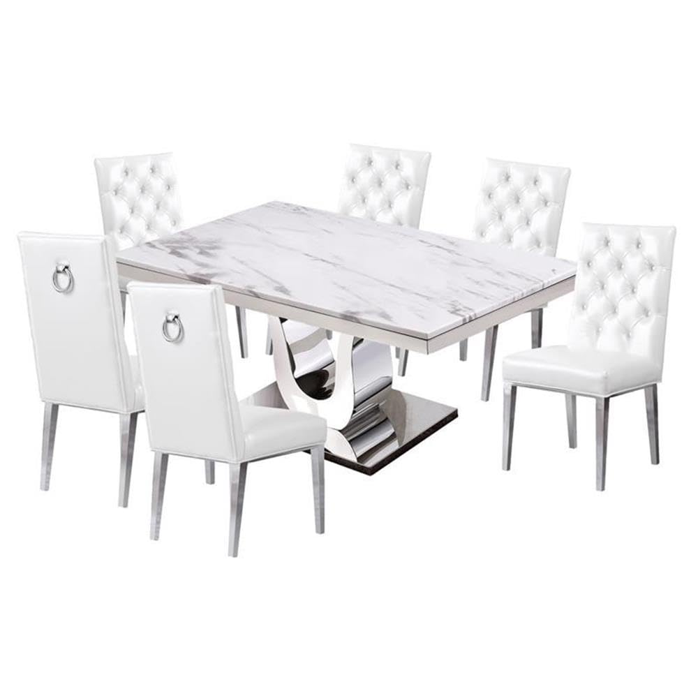 Furniture D14-6Sc89 Dining Set, White Faux Leather