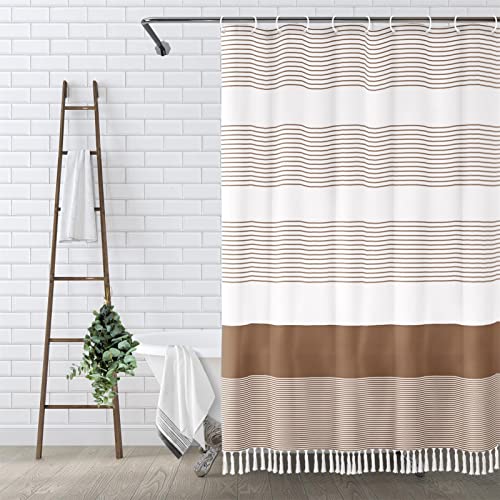 Awellife Khaki Shower Curtain For Bathroom Stripe Tassel Shower Curtain 72 X 72 Inches Apricot Farmhouse Linen
