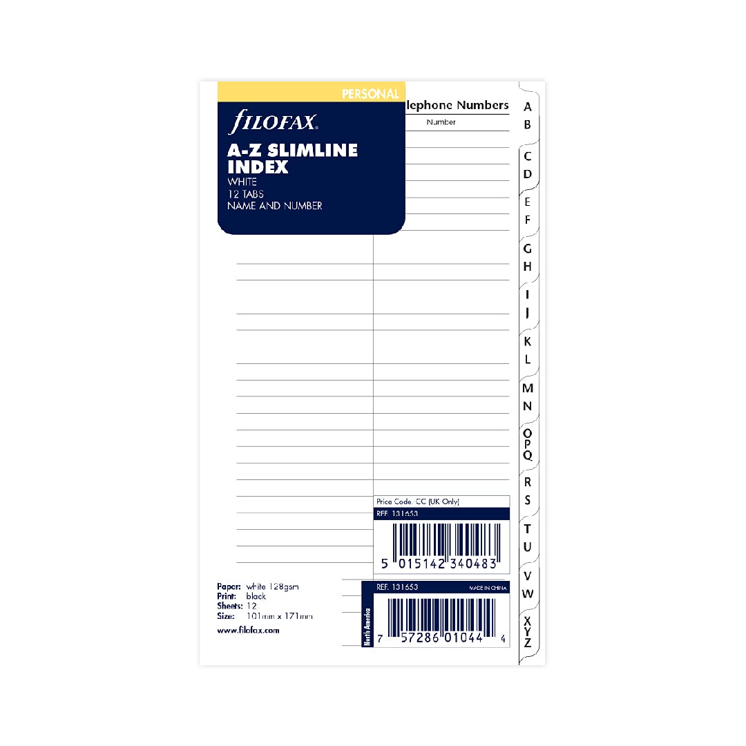 Filofax Personal A-Z Slimline Index White Name And Telephone Numbers
