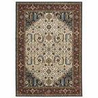 HomeRoots 508035 6 x 9 ft. Ivory Beige Red Blue Gold Green & Navy Oriental Power Loom Stain Resistant Rectangle Area Rug with Fringe