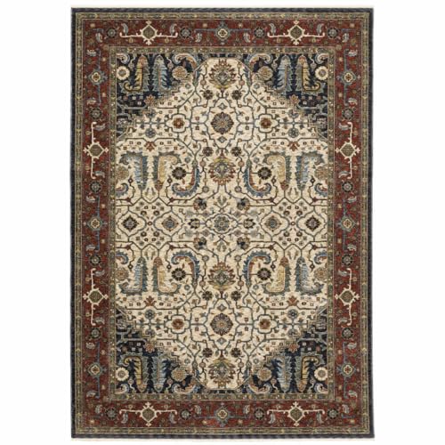 HomeRoots 508035 6 x 9 ft. Ivory Beige Red Blue Gold Green & Navy Oriental Power Loom Stain Resistant Rectangle Area Rug with Fringe
