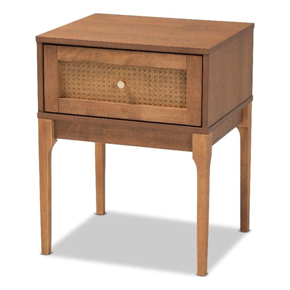 Baxton Studio Ramiel Mid-Century Modern Ash Walnut Finished Wood and Rattan 1-Drawer Nightstand