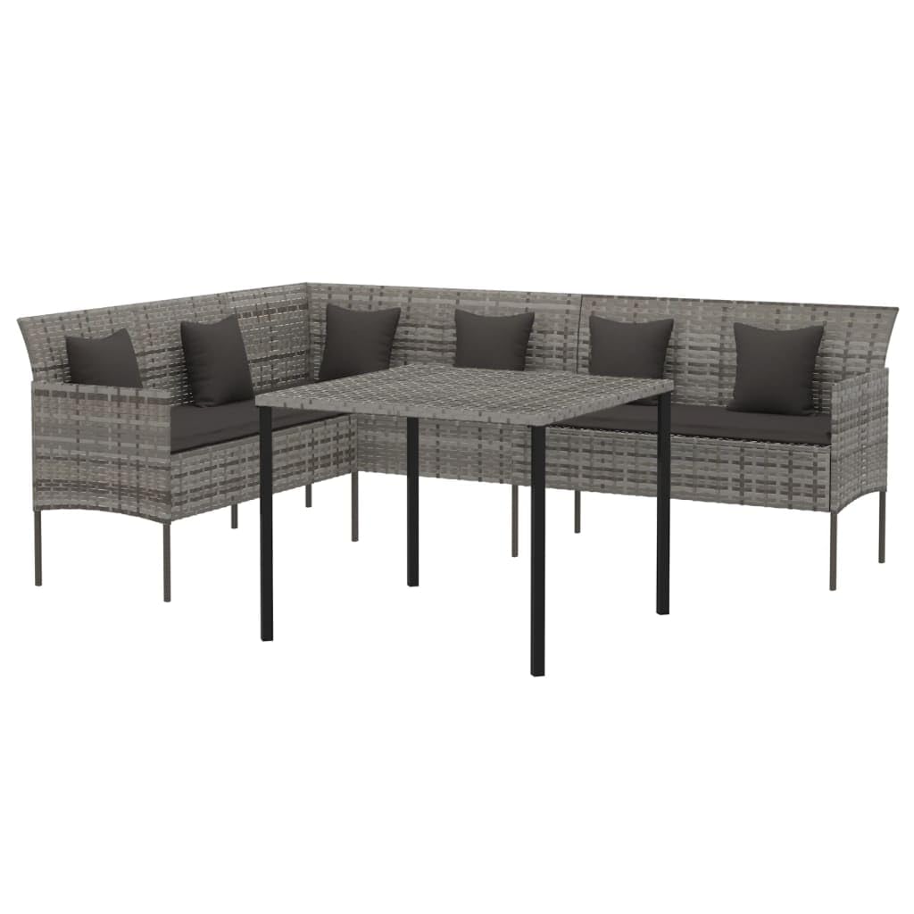 vidaXL Poly Rattan Patio Dining Set - Gray with Cushions - Includes L-Shaped Sofa and Square Table for Garden, Deck or Patio