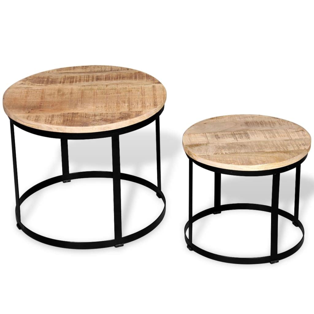 vidaXL Round Coffee Table Set of 2, Made of Rough Mango Wood, Industrial Style, Handcrafted with Iron Frame, Vintage Charm