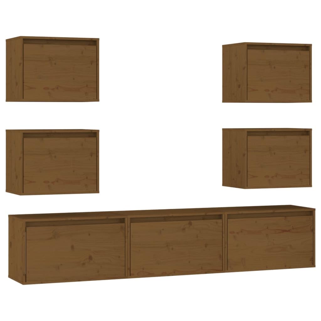 vidaXL TV Stand 7 Pcs, Wall Mounted Entertainment Center TV Console with Storage, Floating TV Stand for Living Room, Honey Brown Solid Wood Pine