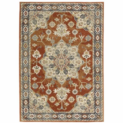 HomeRoots 508443 6 x 9 ft. Rust Beige Teal Blue & Gold Oriental Power Loom Stain Resistant Rectangle Area Rug