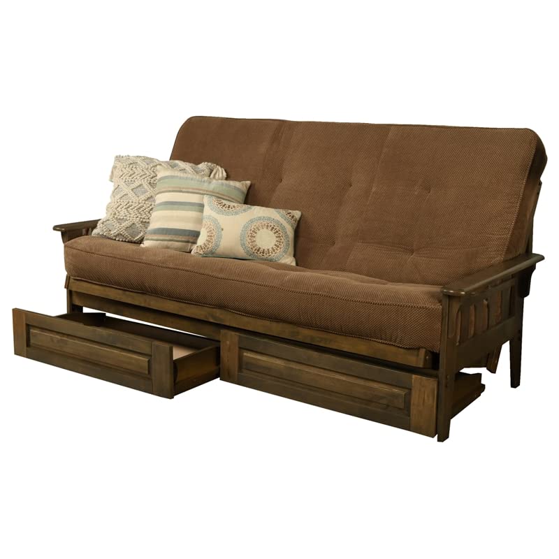 Kodiak Tucson Queen Futon Frame with Storage Drawers - Wood Futon Set with Mattress Included in Mocha Brown Color