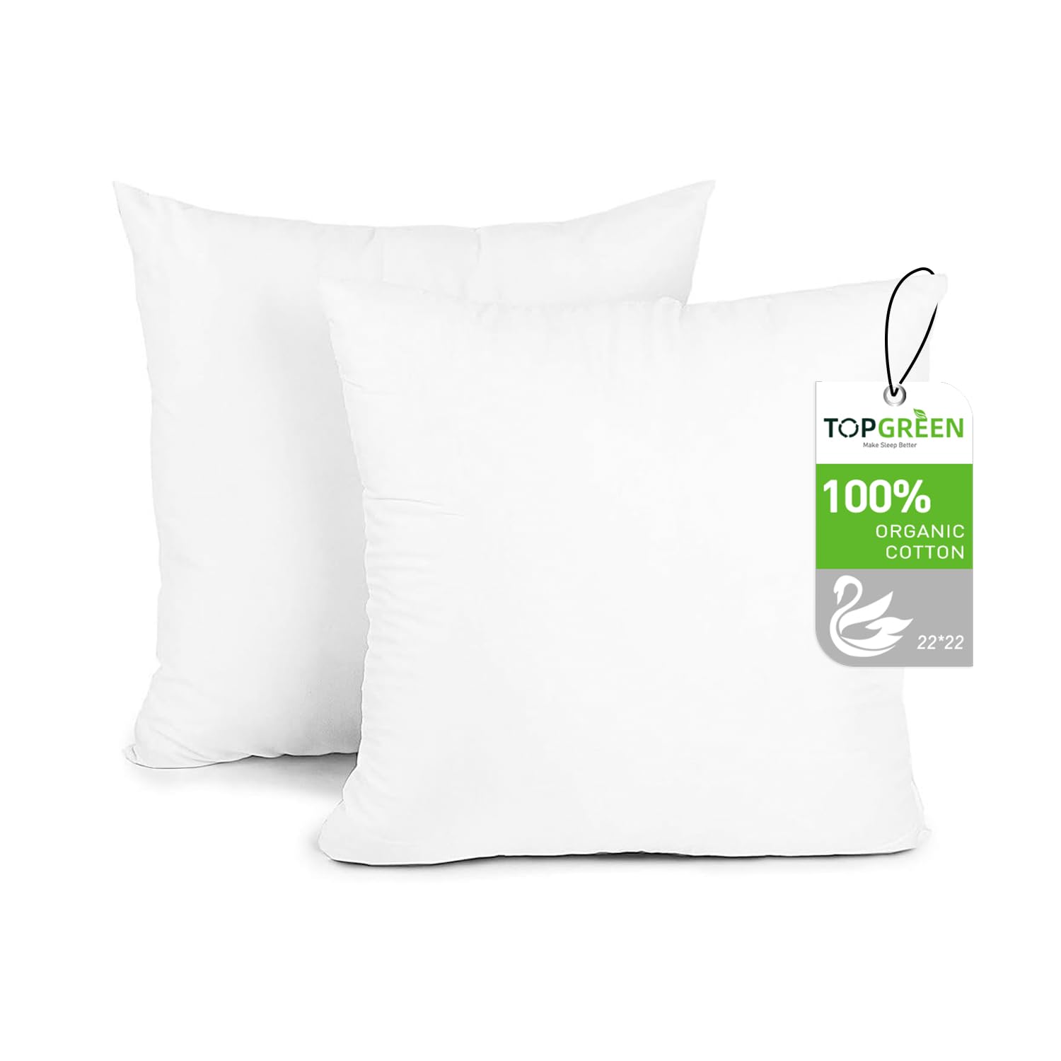 Topgreen Feathers Down Throw Pillow Inserts 22X22, Set Of 2, 100% Organic Cotton Shell, Soft Decorative Square Pillows For Livin