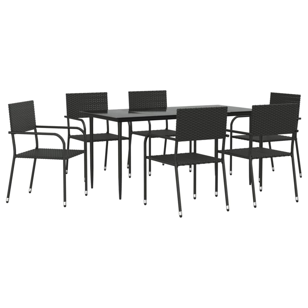 vidaXL 7-Piece Patio Dining Set in Elite Black - Weather-Resistant Poly Rattan and Sturdy Steel Material, Space-Saving Stackable Chairs, Rectangular Table with Tempered Glass Top’