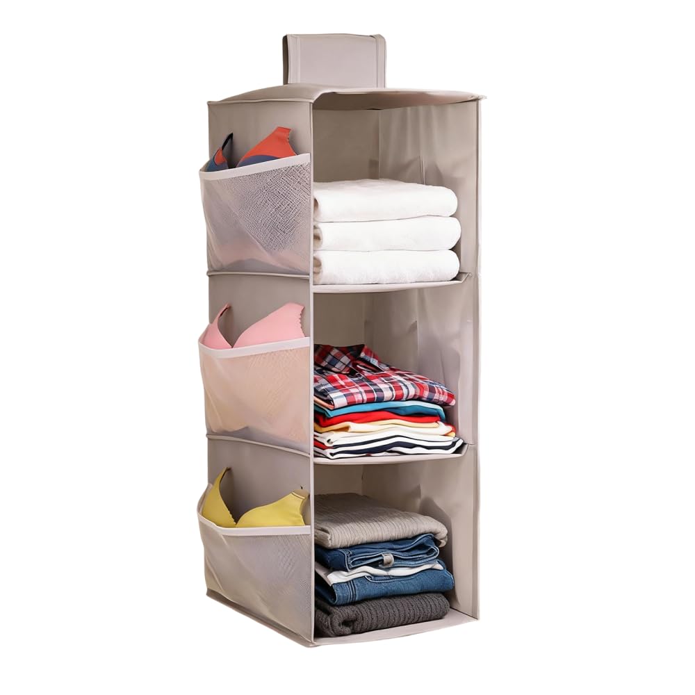 MiOYOOW Hanging Closet Organizer, 2/3Tier Clothes Storage Shelves Foldable Storage Bag with Side Pockets for Home Dorm