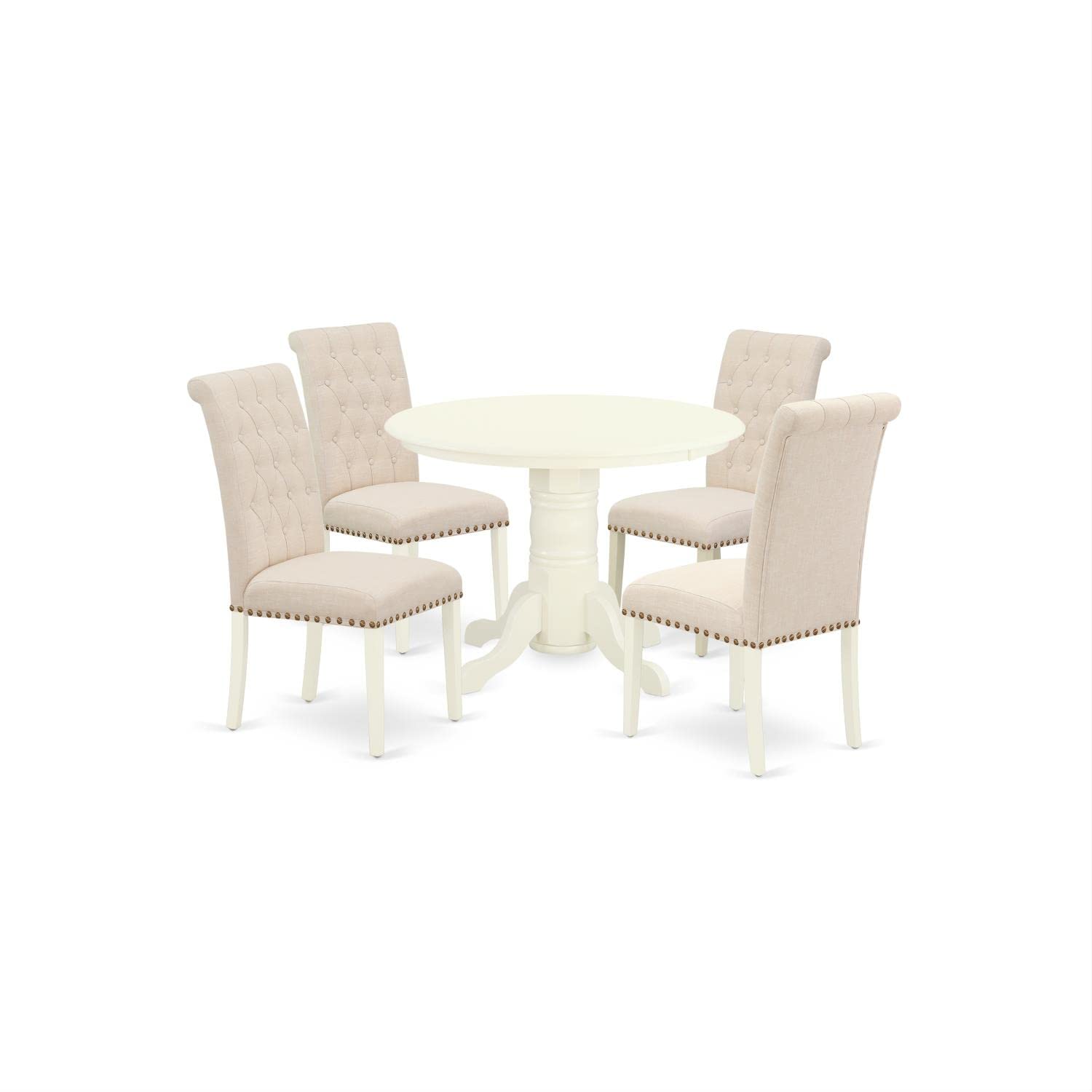 East West Furniture Shbr5-Whi-02 5 Piece Dining Room Table Set Includes A Round Kitchen Table With Pedestal And 4 Light Beige Linen Fabric Parson Dining Chairs, 42X42 Inch, Linen White