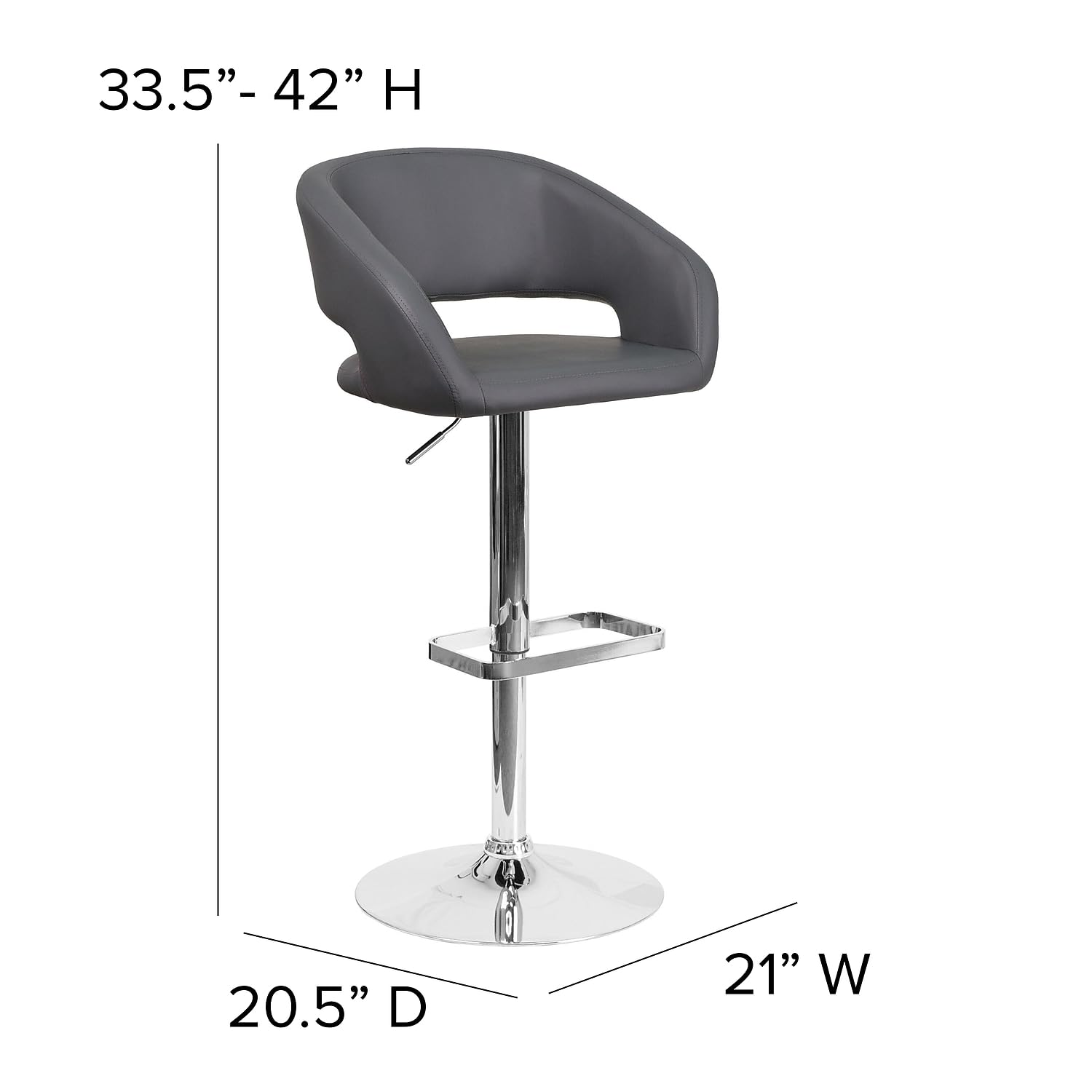 Flash Furniture Erik Comfortable & Stylish Contemporary Barstool With Rounded Mid-Back And Foot Rest, Adjustable Height - Gray Vinyl With Chrome Base