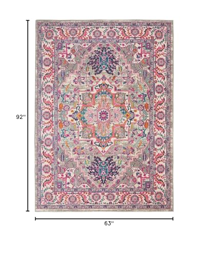 HomeRoots Light Grey/Pink 100% Polypropylene 5’ x 7’ Light Gray and Pink Medallion Area Rug