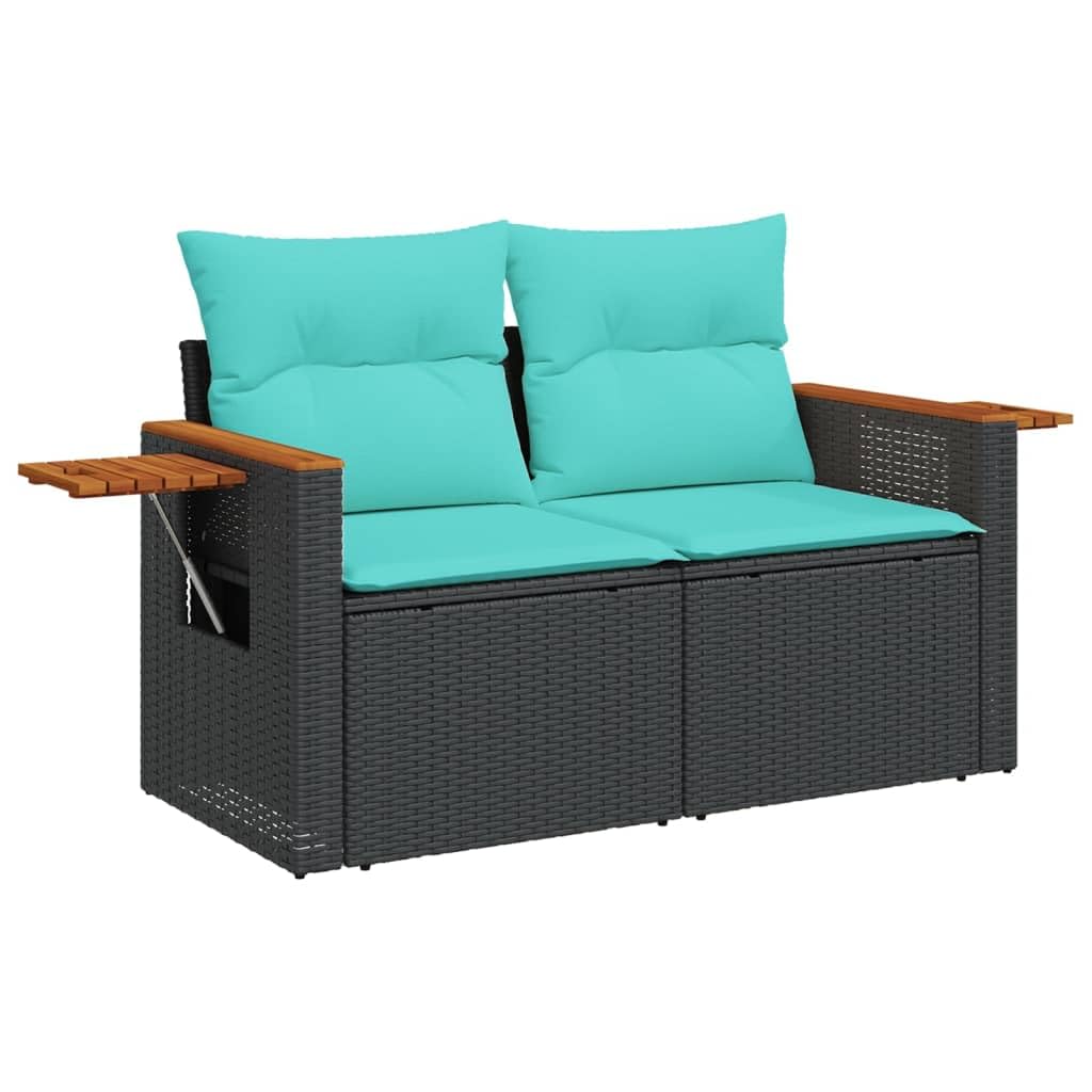 vidaXL 2-Seater Outdoor Patio Sofa Loveseat with Cushions - Black Poly Rattan with Foldable Side Table and Storage Bag, 48.8&quot;x24.4&quot;x27.2&quot;, Blue Cushions Included