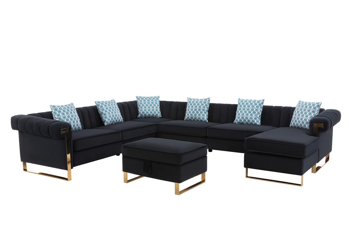 Lilola Home Maddie Black Velvet 8-Seater Sectional Sofa with Reversible Chaise and Storage Ottoman
