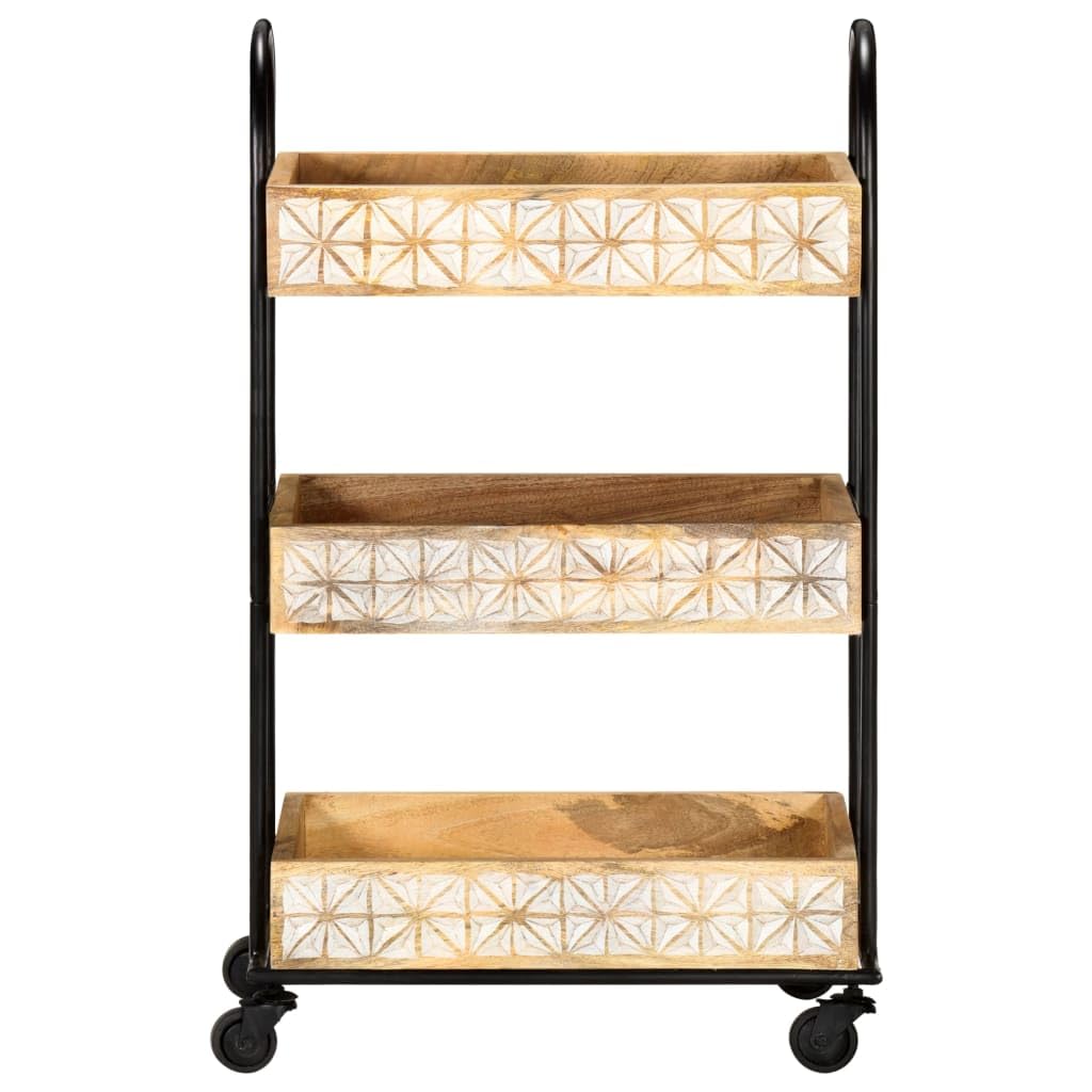 vidaXL 3-Tier Kitchen Trolley - Solid Mango Wood with Hand-Carved Patterns, Compact Size, Mobile Storage Unit for Kitchen - 18.1&quot;x11.8&quot;x29.9&quot;