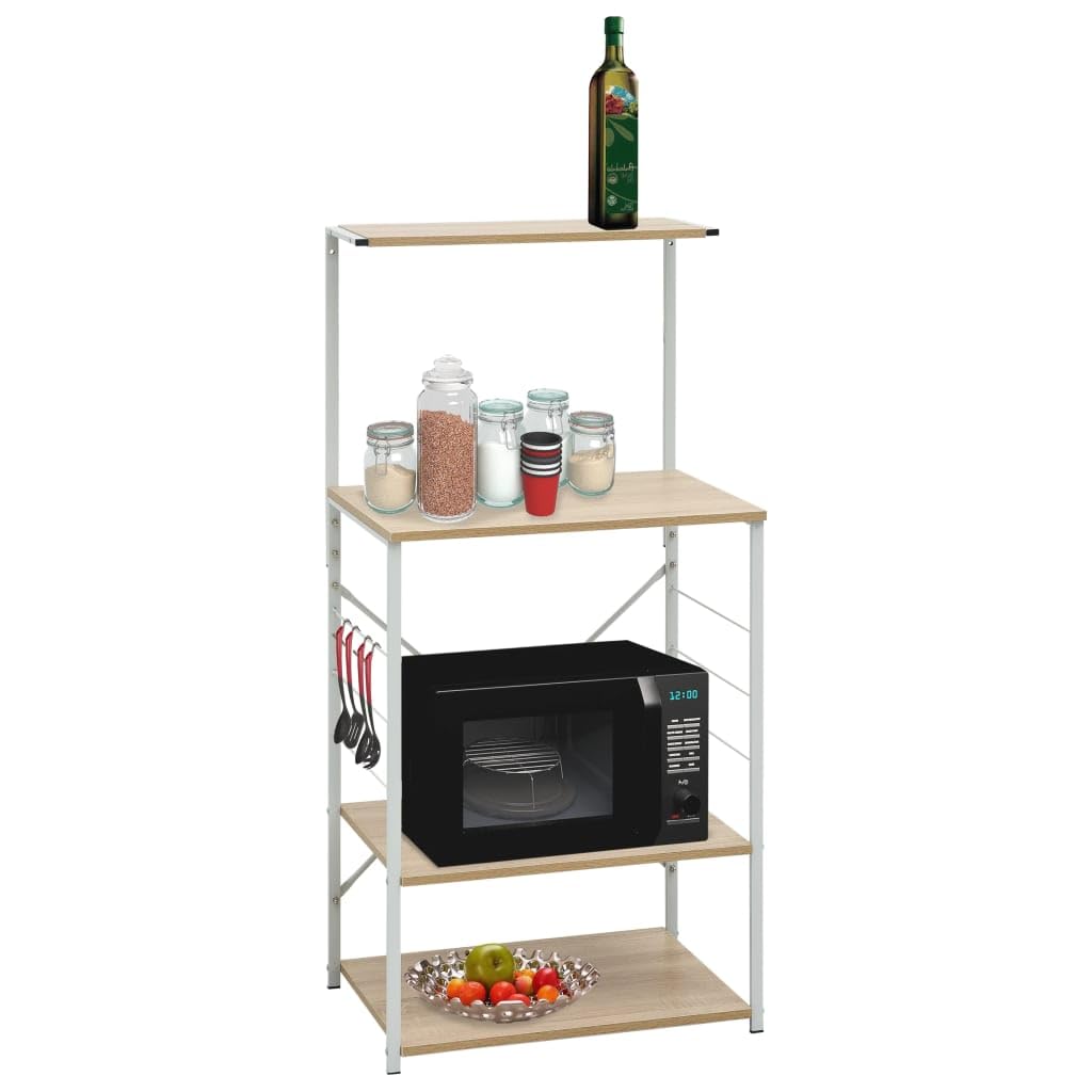 vidaXL 4-Tier Microwave Cabinet - Stylish Storage Solution with Side Accessory Hooks - Black and Oak Finish