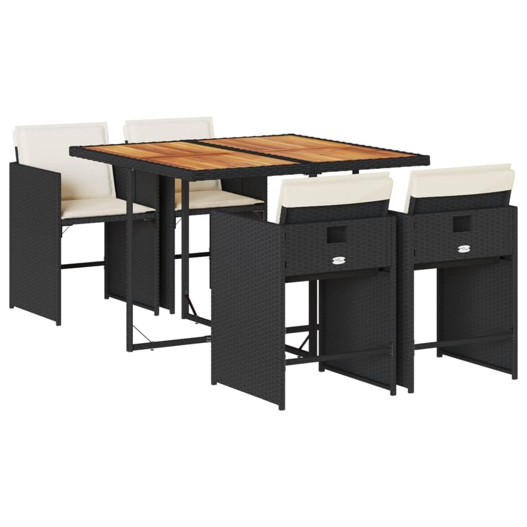 vidaXL Patio Dining Set with Cushions - 5 Piece Black Poly Rattan and Acacia Wood Table, Foldable Chairs with Cream Cushions, Outdoor Garden/Backyard/Patio