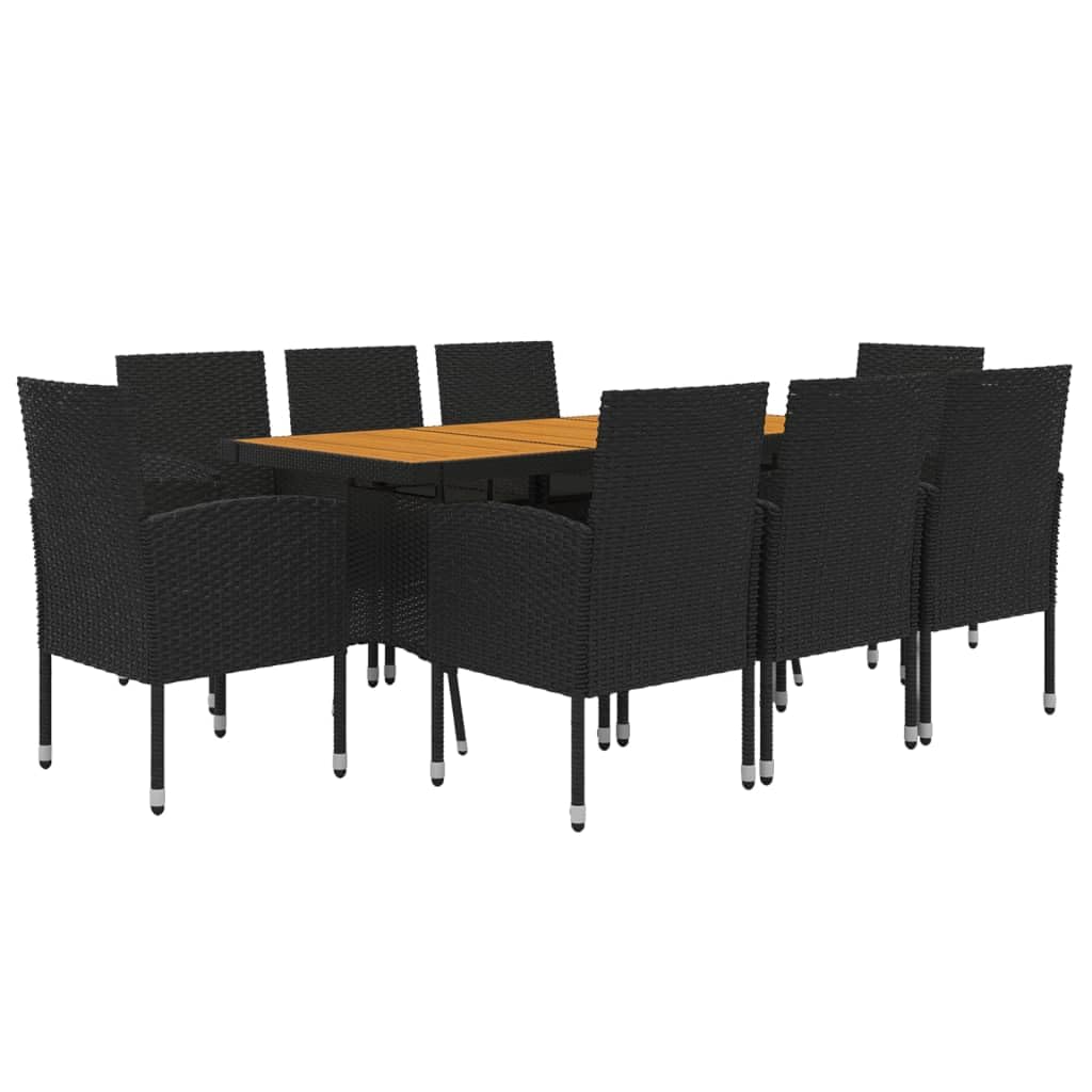 vidaXL 9-Piece Patio Dining Set - Waterproof PE Rattan, Steel, and Solid Acacia Wood Construction - Cushions Included - Black Color