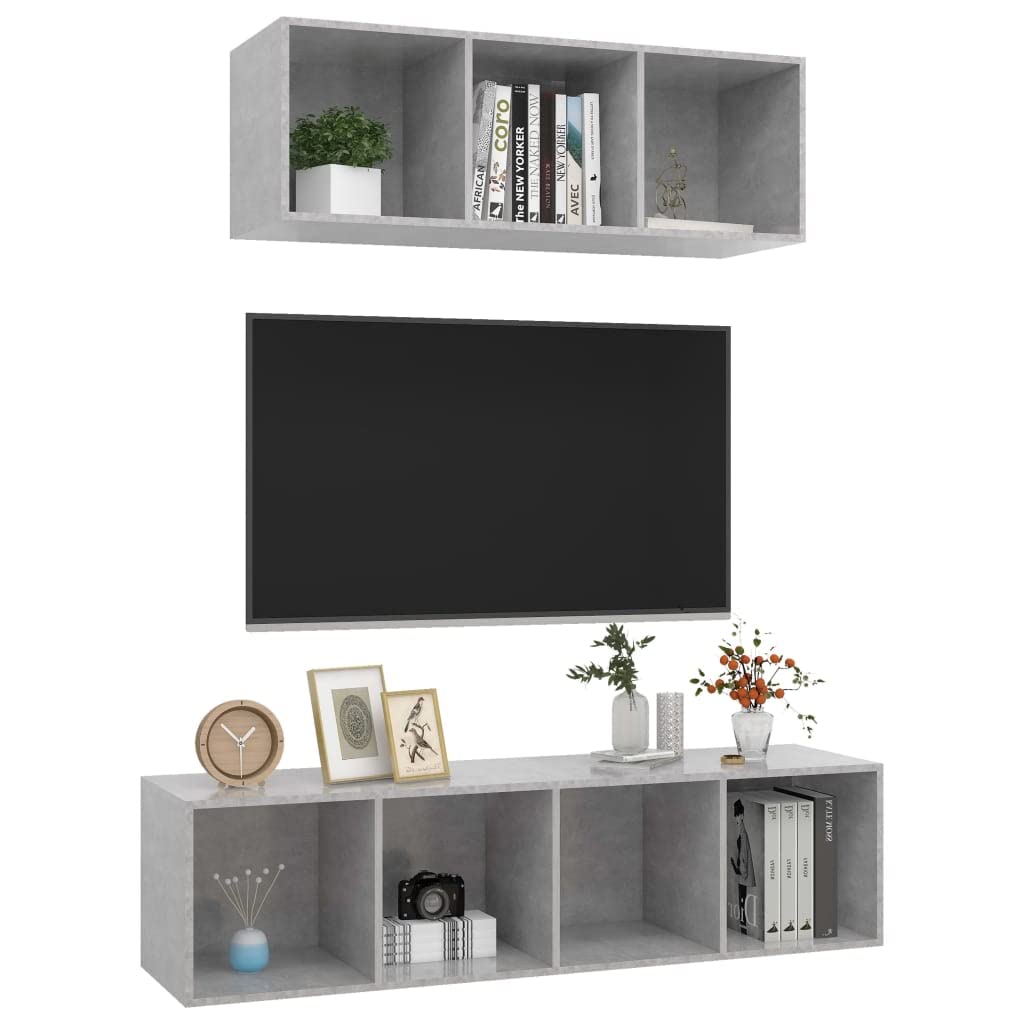 vidaXL TV Stand Set 2 Piece Wall Mounted Hanging Stand Unit Stereo Storage HiFi Plasma Cabinet for Living Room Furniture Concrete Gray Engineered Wood