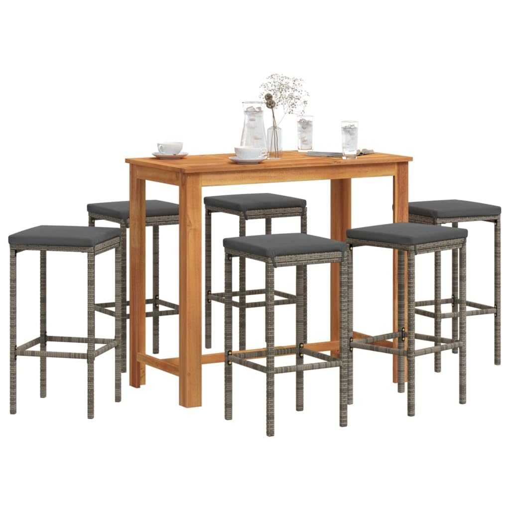 vidaXL Gray 7-Piece Patio Bar Set with Solid Acacia Wood Table & Poly Rattan Stools, Outdoor/Deck/Garden Furniture with Cushions