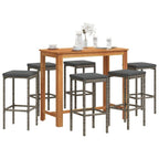vidaXL Gray 7-Piece Patio Bar Set with Solid Acacia Wood Table & Poly Rattan Stools, Outdoor/Deck/Garden Furniture with Cushions