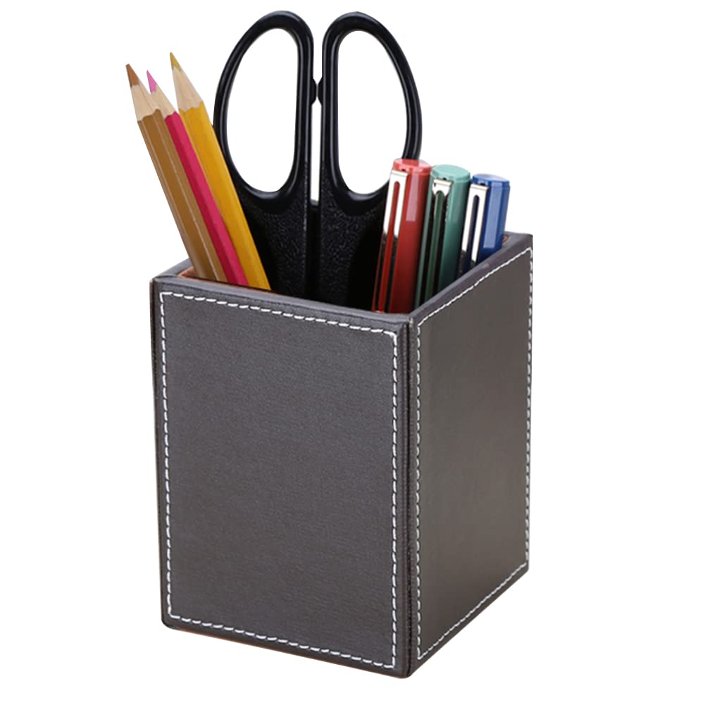 Kingfom Pu Leather Square Pens Pencils Holder Cup Desktop Stationery Organizer Case Office Accessories Container Box Brown