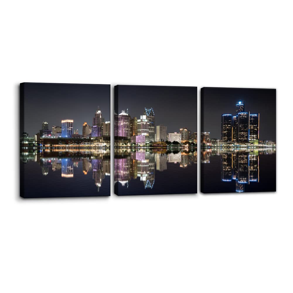 3 Pieces Panoramic Detroit Cityscape Picture Black and White Michigan Night Skyline Canvas Art Prints Wall Decoration for Bedroo