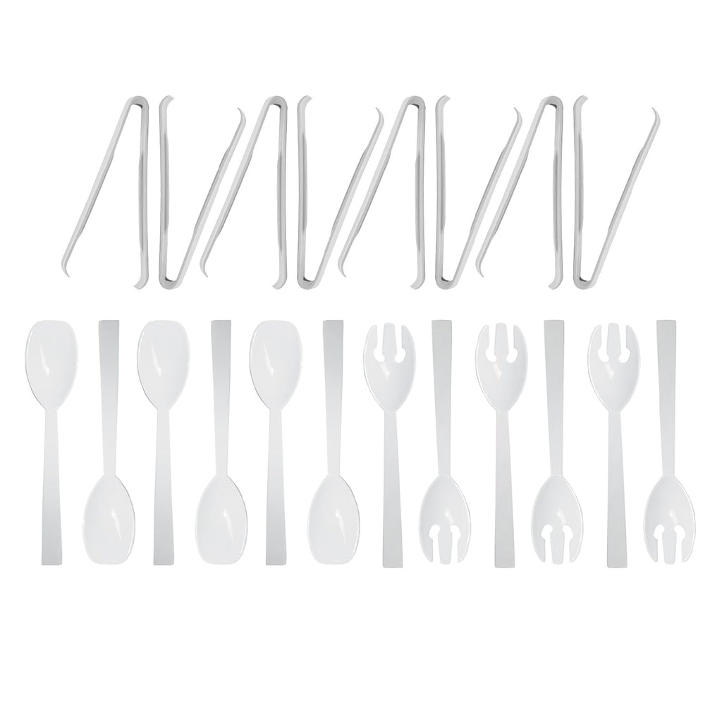 Party Essentials Plastic Party Buffet Serving Utensils Kit, Spoons/Forks/Tong, 20-Piece, White