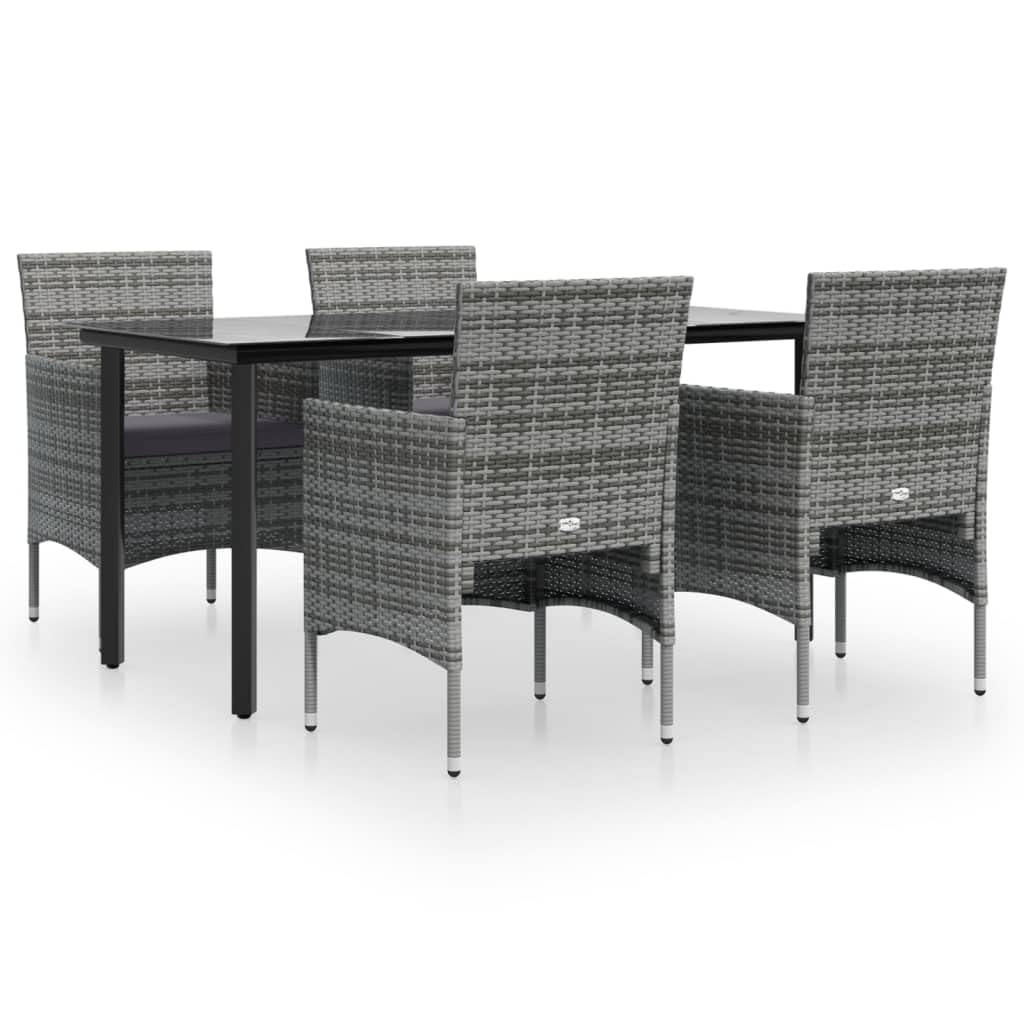 vidaXL 5 Piece Patio Dining Set - Gray and Black, Poly Rattan and Powder-Coated Steel, with Tempered Glass Tabletop and Cushioned Chairs for Outdoor Leisure and Dining