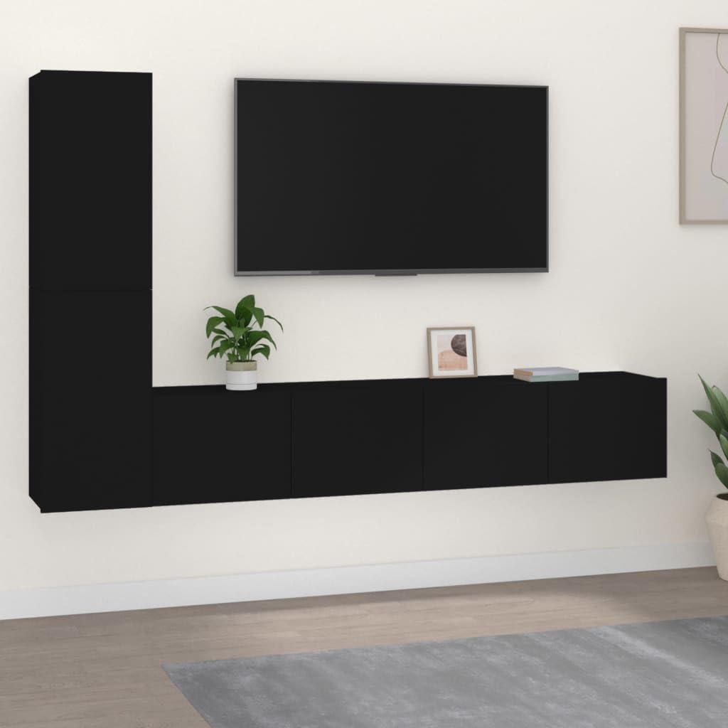 vidaXL TV Stand Set 4 Piece, Wall Mounted Entertainment Center, TV Stand Console with Storage, Modern Style, Black Engineered Wood