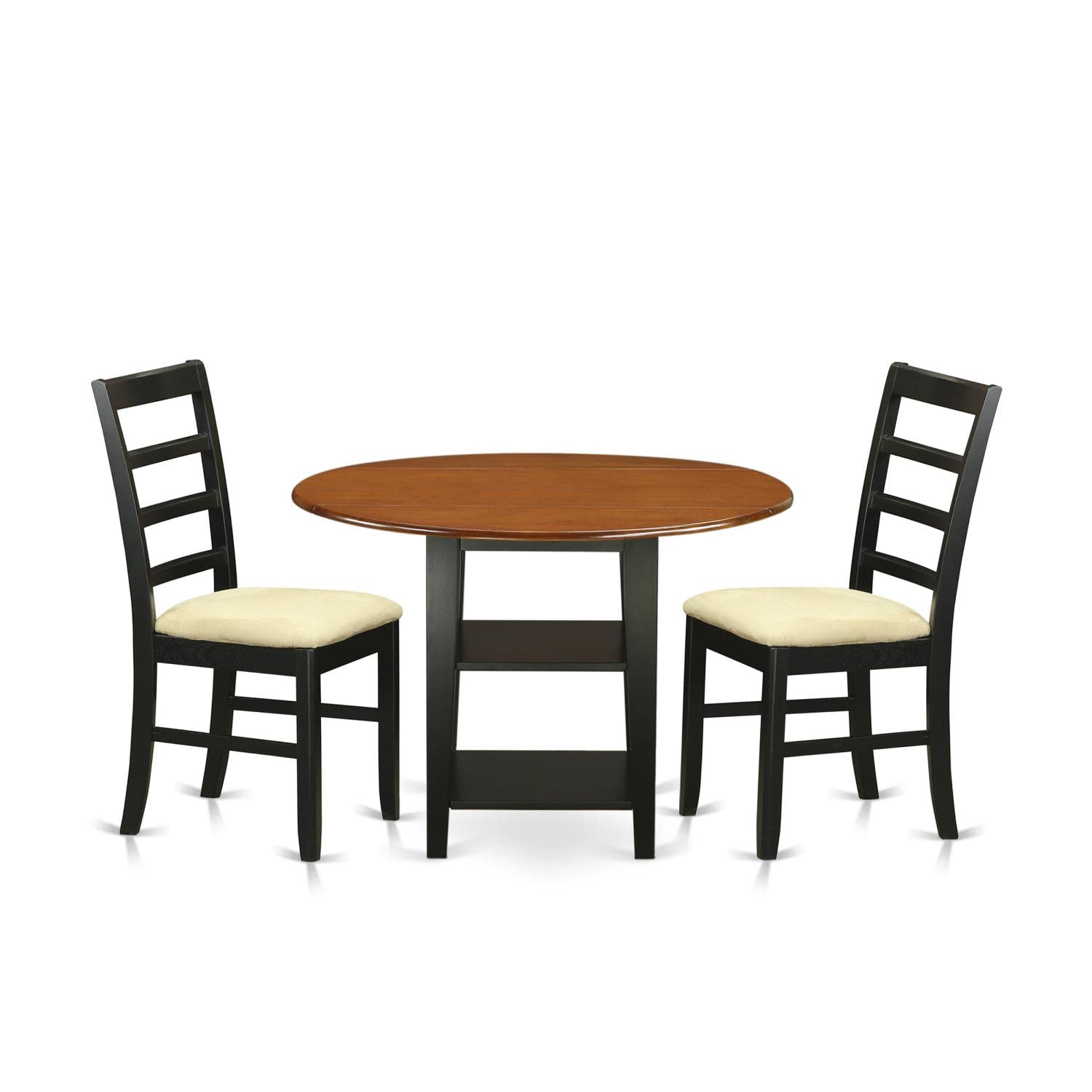 East West Furniture SUPF3-BCH-C 3 Piece Dining Room Table Set Contains a Round Kitchen Table with Dropleaf & Shelves and 2 Linen Fabric Upholstered Chairs, 42x42 Inch, Black & Cherry
