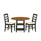 East West Furniture SUPF3-BCH-C 3 Piece Dining Room Table Set Contains a Round Kitchen Table with Dropleaf & Shelves and 2 Linen Fabric Upholstered Chairs, 42x42 Inch, Black & Cherry
