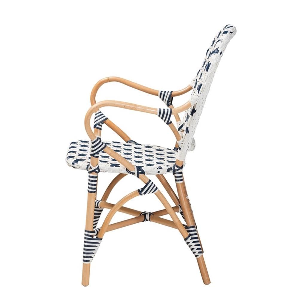 Baxton Studio Bryson Modern French Blue and White Weaving and Natural Rattan Bistro Chair