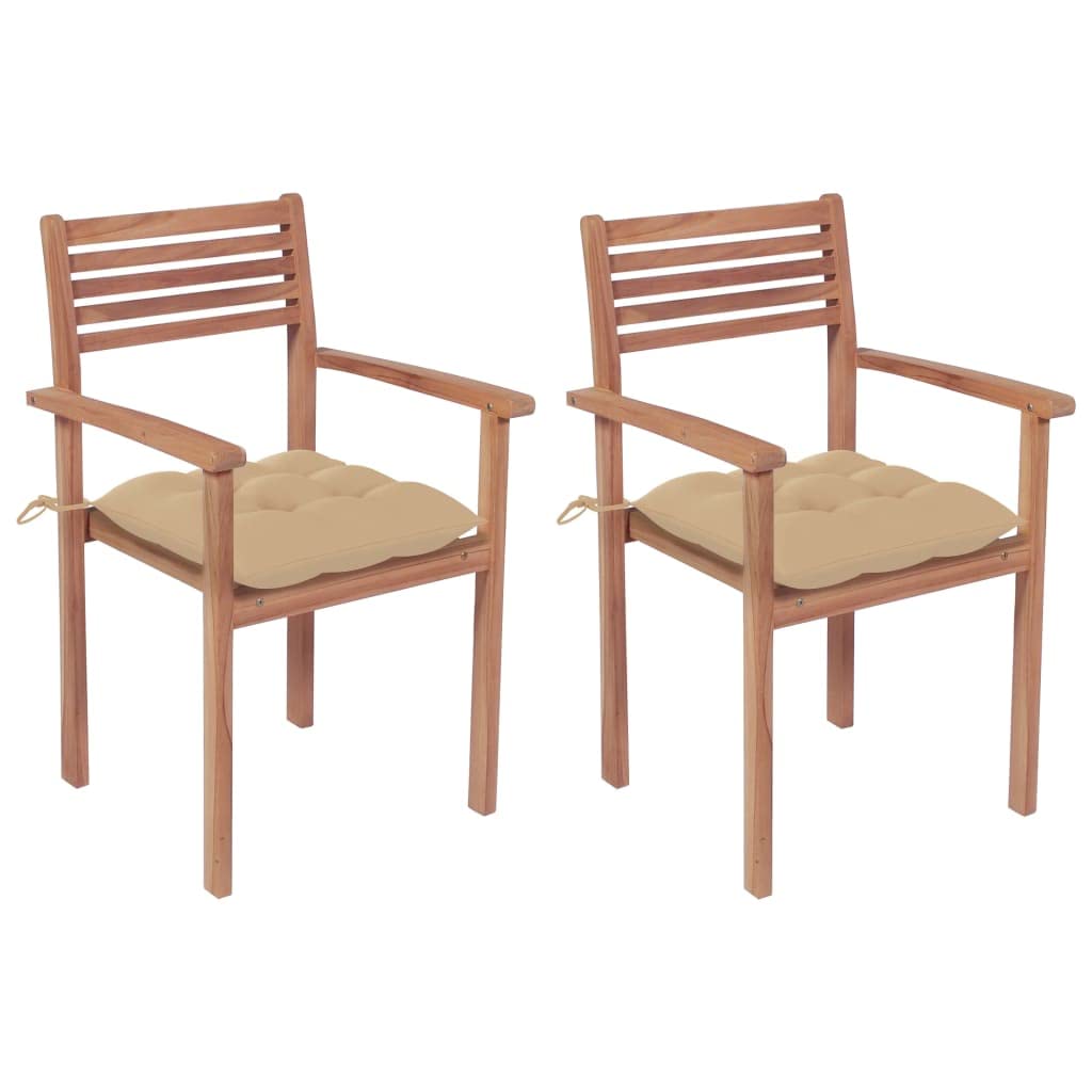 vidaXL Solid Teak Wood Patio Chairs with Beige Cushions - Weather-Resistant Outdoor Furniture Ideal for Home, Office, Bars, and Cafes