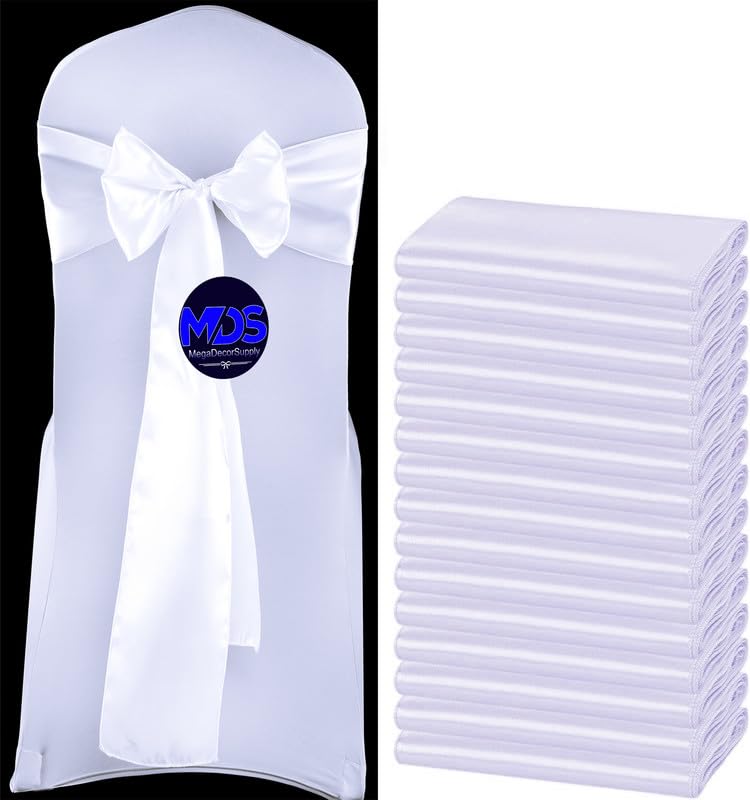 Mds Pack Of 75 Pcs Satin Chair Sashes Charmeuse Sateen Dining Chair Bows Ribbon Ties Back Sash For Wedding Party Birthday Home Hotel Restaurant Banquet Decoration (7 X 108 Inch, White)
