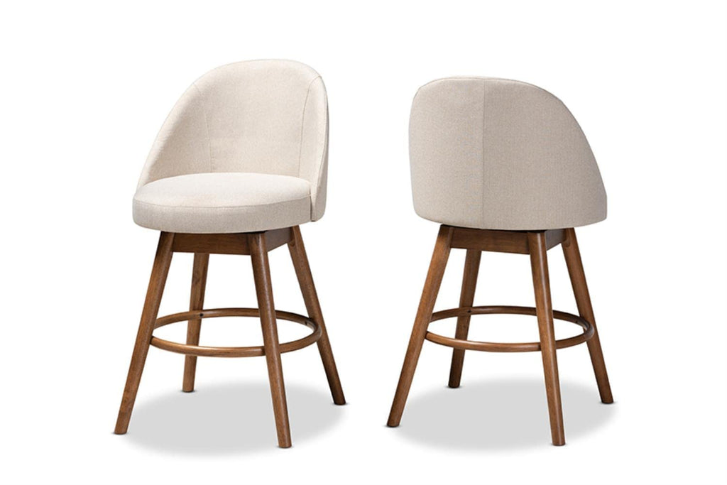 Baxton Studio Carra Mid-Century Modern Light Beige Fabric Upholstered Walnut-Finished Wood Swivel Counter Stool (Set of 2)